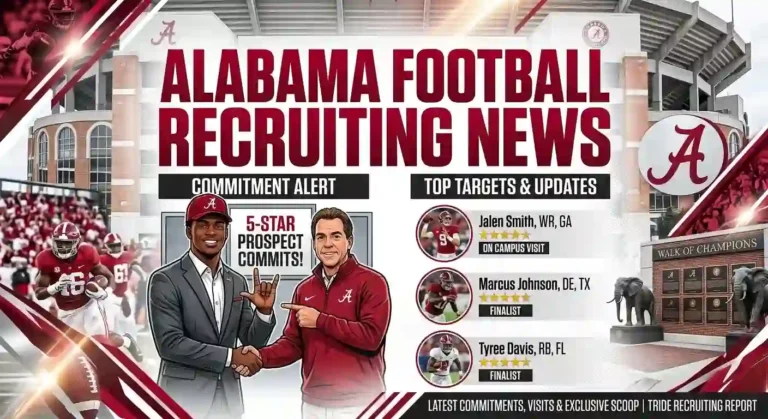 "Graphic displaying Alabama Football Recruiting News featuring a 5-star prospect commitment and top targets outside Bryant-Denny Stadium."