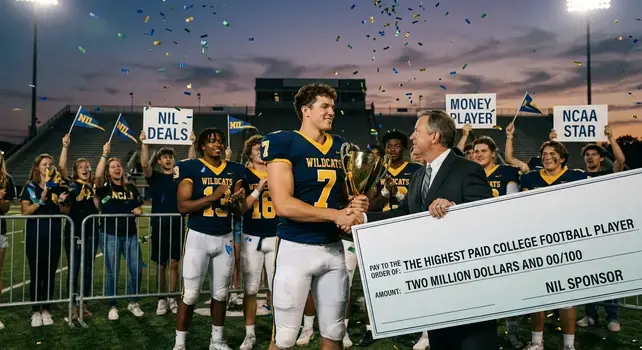 College football player receiving a giant NIL sponsorship check on the field surrounded by fans and teammates.