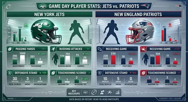 Infographic showing player stats comparison between New York Jets and New England Patriots including passing, rushing, receiving, and defensive stats.