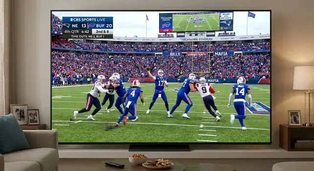 TV screen displaying live broadcast of Buffalo Bills vs New England Patriots NFL football game with scoreboard overlay