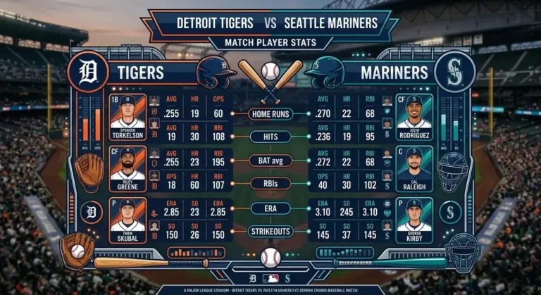 A digital sports dashboard showing player statistics and headshots for a matchup between the Detroit Tigers and Seattle Mariners.